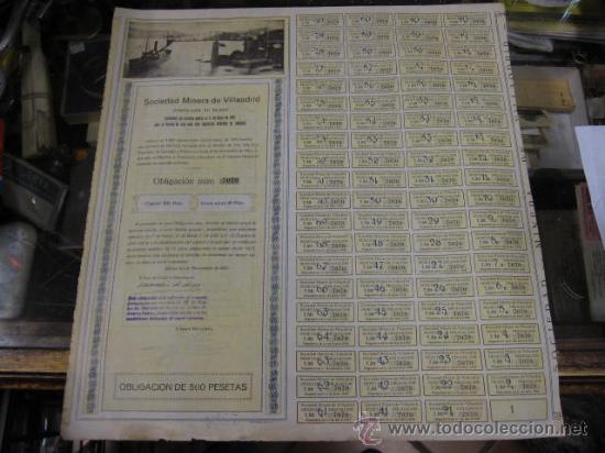 Documentos antiguos: GALICIA ACCION MINERIA VILLAODRID - LUGO RIBADEO CARGADERO CARBON sin numerar BILBAO1921 40x 43 cm +