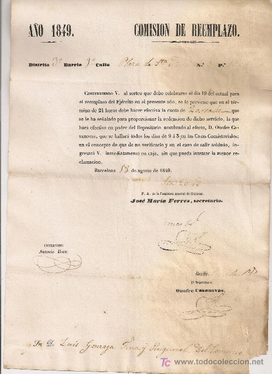 Documentos antiguos: Comision de reemplazo. A&ntilde;o 1849. 30 x 20 cm. - Foto 1