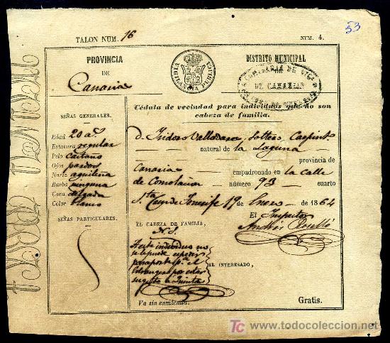 Documentos antiguos: CEDULA DE IDENTIDAD VECINAL - CANARIAS 1864 - Foto 1