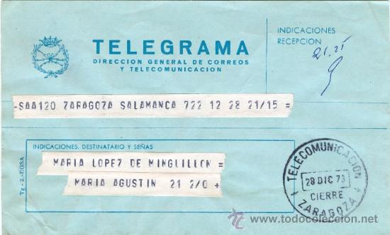 Documentos antiguos: TELEGRAMA 28-12-73 A ZARAGOZA - Foto 1