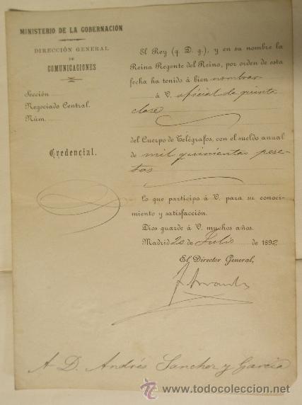 Documentos antiguos: Documento con membrete del Ministerio de Gobernaci&oacute;n, 1892 - Foto 1