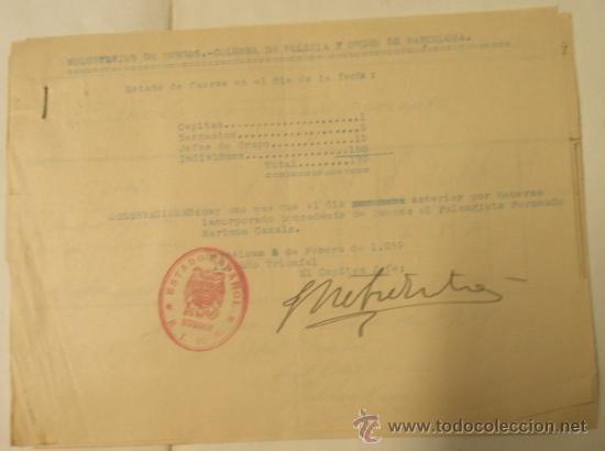 Documentos antigos: Documento Voluntarios de Burgos, columna de policia y orden de Barcelona, 1939