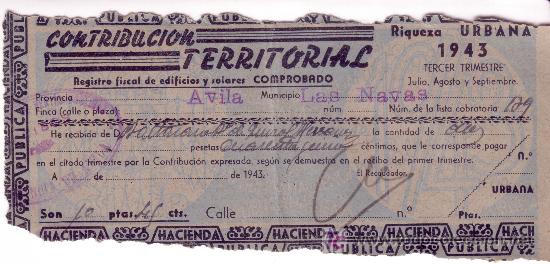 Documentos antiguos: recibo contribucion territorial -PROVINCIA DE AVILA 1943