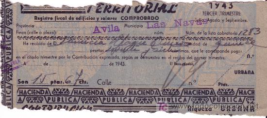 Documentos antiguos: recibo contribucion territorial -PROVINCIA DE AVILA 1943