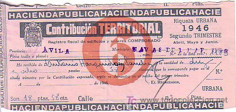 Documentos antiguos: recibo contribucion territorial -PROVINCIA DE AVILA 1946