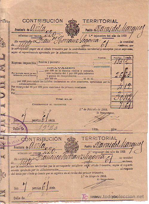 Documentos antiguos: 2 RECIBOS CONTRIBUCION EDIFICIOS Y SOLARES-PROVINCIA DE AVILA 1903