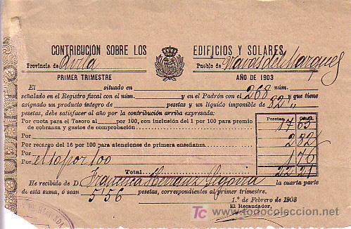 Documentos antiguos: 2 RECIBOS CONTRIBUCION EDIFICIOS Y SOLARES-PROVINCIA DE AVILA 1903