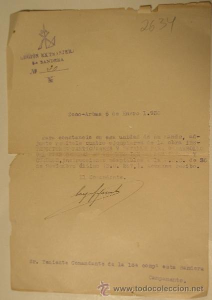 Documentos antiguos: Documento tama&ntilde;o cuartilla con membrete Legi&oacute;n Extranjera, ZOCO-ARBAA 6 de enero de 1930