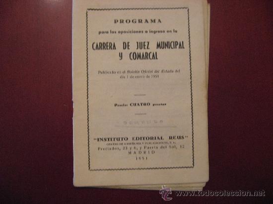 Documentos antiguos: PROGRAMA PARA LAS OPOSICIONES A INGRESO EN LA CARRERA DE JUEZ MUNICIPAL Y COMARCAL.A&Ntilde;O,1951 - Foto 1