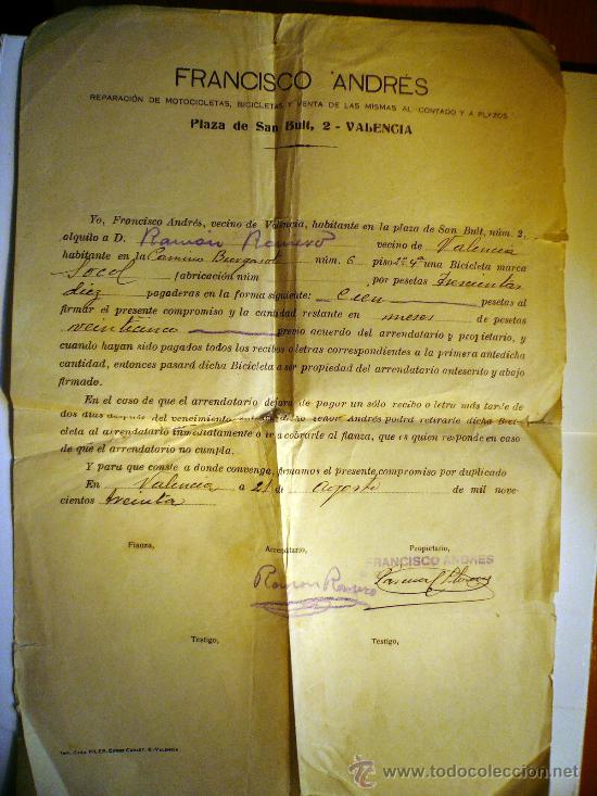 Documentos antiguos: Curioso Documento de Alquiler de una Bicicleta en Valencia 1930 - Foto 1