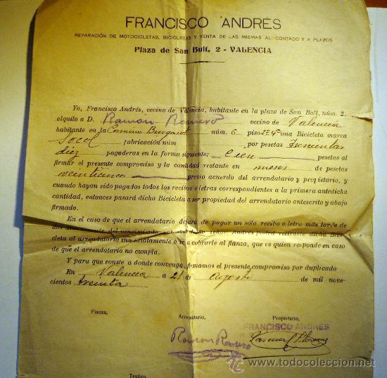 Documentos antiguos: Curioso Documento de Alquiler de una Bicicleta en Valencia 1930 - Foto 2