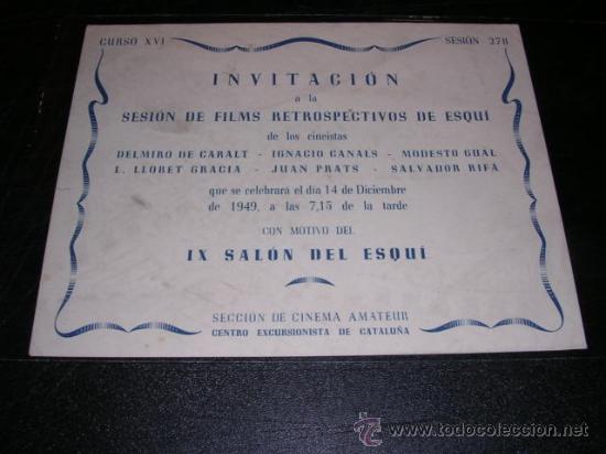 Documentos antiguos: CINE,ESQUI,INVITACION A LA SESION DE FILMS RETROSPECTIVOS DE ESQUI,1949-15X12 CM.