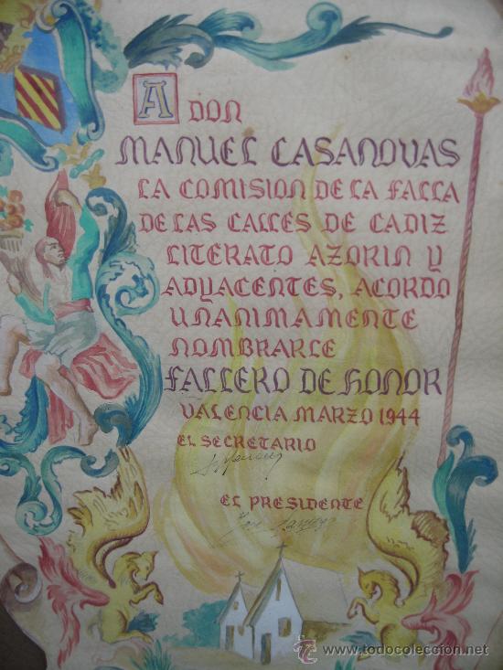 Documentos antiguos: 1944. PREMIO ORIGINAL DE LA COMISION DE FALLAS DE VALENCIA. FALLERO MAYOR - Foto 1