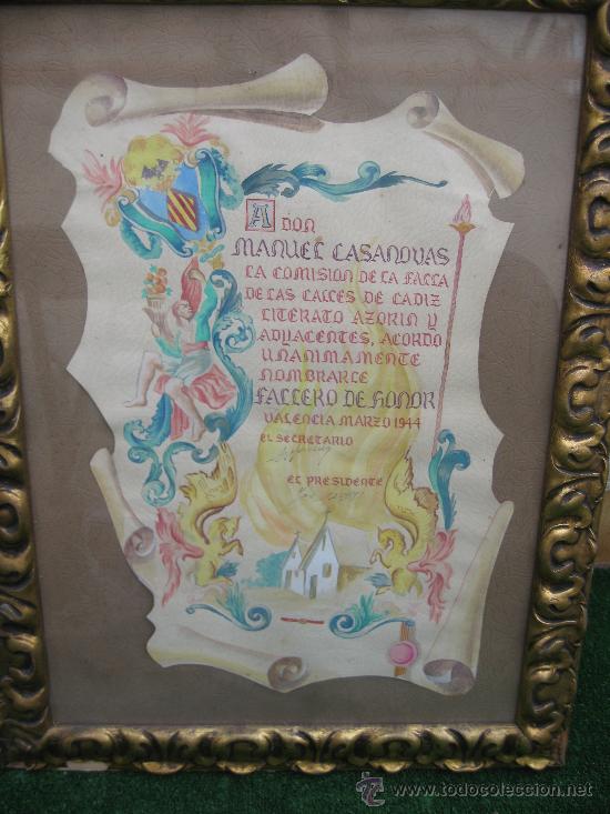 Documentos antiguos: 1944. PREMIO ORIGINAL DE LA COMISION DE FALLAS DE VALENCIA. FALLERO MAYOR - Foto 2