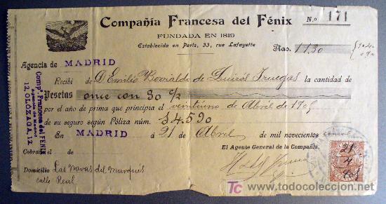 Documentos antiguos: RECIBO DE LA COMPA&Ntilde;IA FRANCESA DEL FENIX-SEGUROS-1905