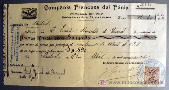 Documentos antiguos: RECIBO DE LA COMPA&Ntilde;IA FRANCESA DEL FENIX-SEGUROS-1908 - Foto 1