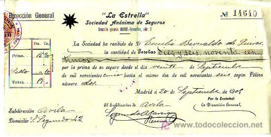 Documentos antiguos: RECIBO SEGUROS LA ESTRELLA 1905 - Foto 1