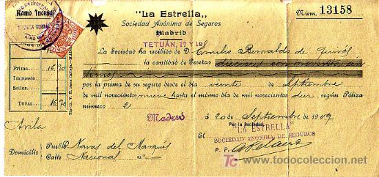 Documentos antiguos: RECIBO SEGUROS LA ESTRELLA 1909 - Foto 1
