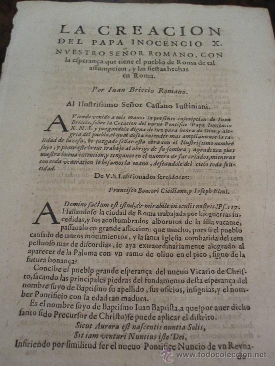 Documentos antiguos: ZARAGOZA: LA CREACI&Oacute;N DEL PAPA INOCENCIO X, 1644.