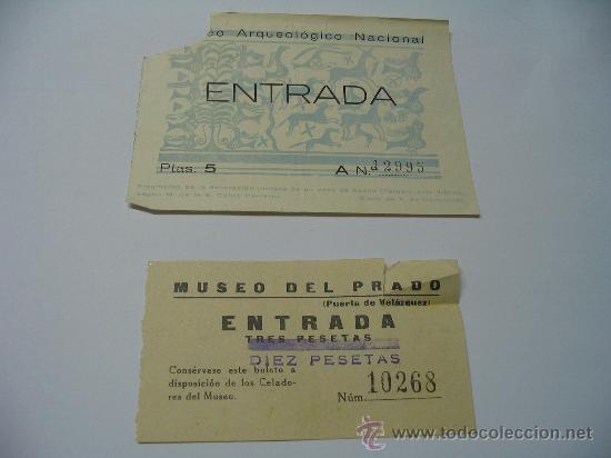 Documentos antiguos: Entrada Museo Prado y Museo Arquel&oacute;gico Nacional con decoracion Vaso de Azaila (Teruel) c 1960