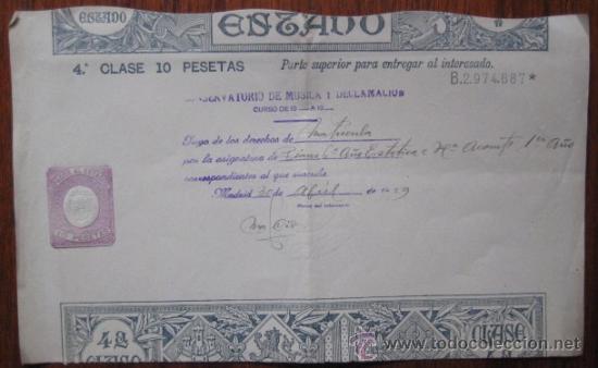 Documentos antiguos: PAGOS AL ESTADO. 1929.. CONSERVATORIO DE MUSICA Y DECLAMACION.. 10 PESETAS. ENVIO GRATIS&iexcl;&iexcl;&iexcl;