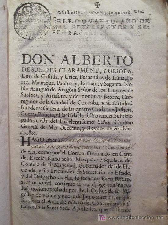 Documentos antiguos: ORDEN REMITIDA POR EL MARQU&Eacute;S DE ESQUILACHE DIRIGIDA A ALBERTO DE SUELBES, 1760.