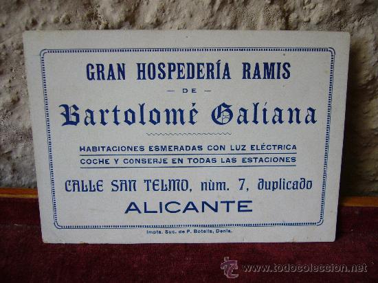 Documentos antigos: Tarjeta comercial Gran Hospeder&iacute;a Ramis de Bartolom&eacute; Galiana - Alicante