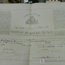 Documentos antiguos: RESGUARDO DE LA POLIZA Nº 18 SOCIEDAD DE SEGUROS MUTUOS VITORIA 1880 EXCMA DIPUTACION DE ALAVA. Lote 22506382