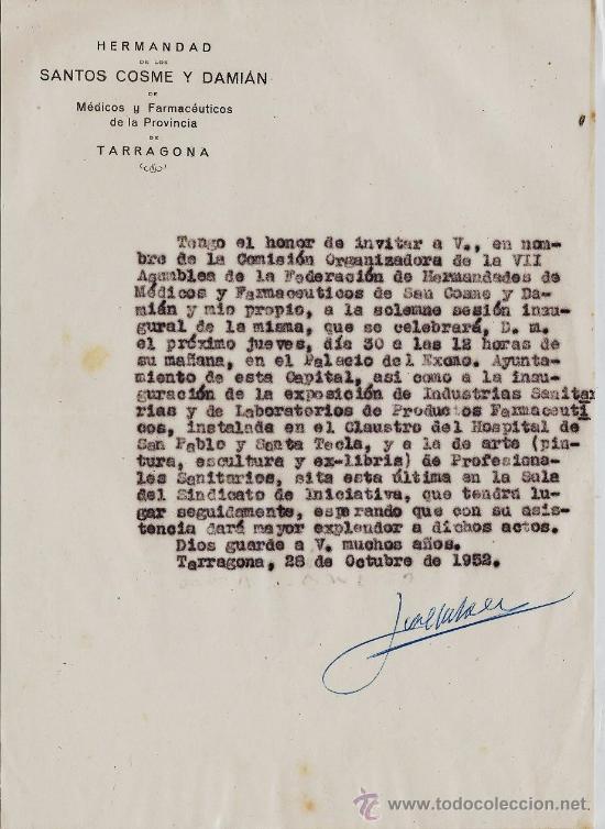 Documentos antiguos: documento / invitacion - hermandad de medicos y farmaceuticos s. cosme y damian - a&ntilde;o 1952 - tgn