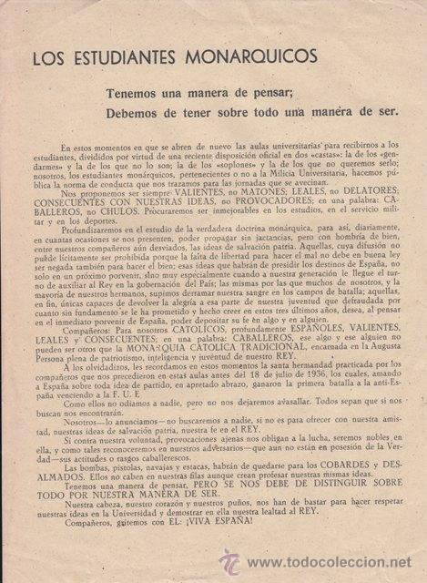 Documentos antiguos: Panfleto: LOS ESTUDIANTES MON&Aacute;RQUICOS TENEMOS UNA MANERA DE PENSAR, hacia 1942 TRADICIONALISMO