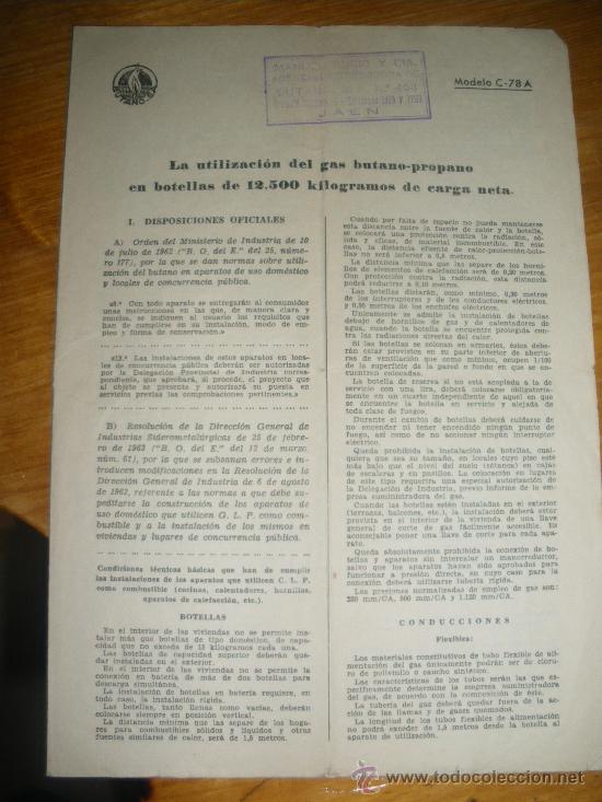 Documentos antiguos: DOCUMENTACION QUE ACOMPA&Ntilde;ABA EL CONTRATO DE GAS BUTANO. A&Ntilde;OS 60.