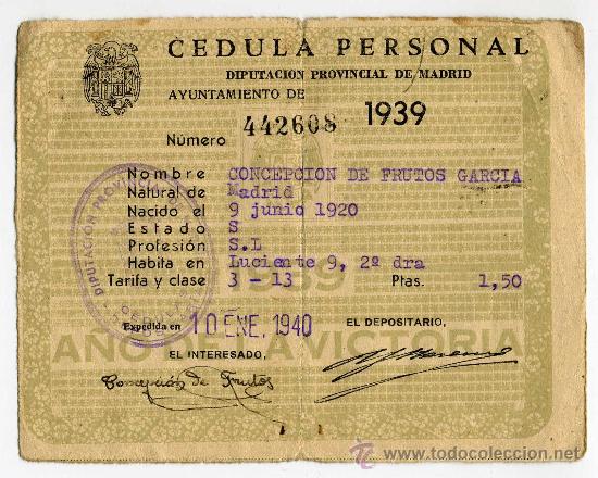 Documentos antiguos: CEDULA PERSONAL AYUNTAMIENTO DE MADRID 1939 - Foto 1