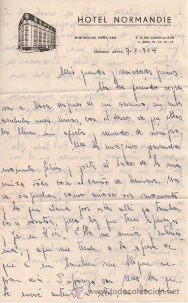Documentos antigos: HOTEL NORMANDIE. BUENOS AIRES. PAPEL DE CARTA. MANUSCRITO. 1954.