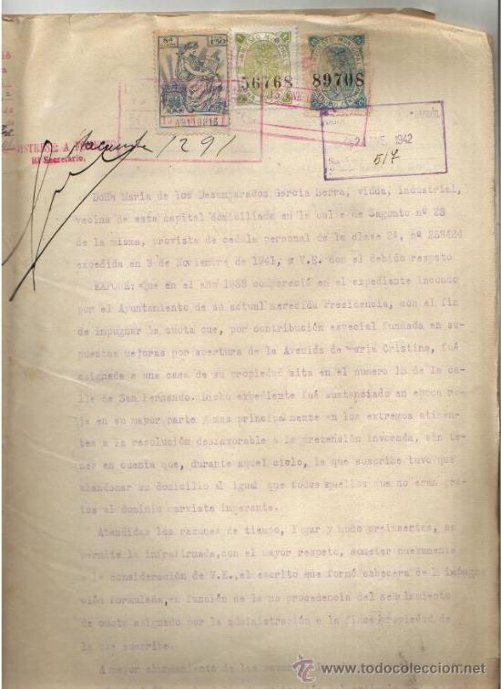 Old Documents: 1942 VALENCIA. APERTURA DE LA AVDA M&ordf; CRISTINA 2 FISCALES IMPUESTO MUNICIPAL 1 PTS 25 CS SELLO LOCAL