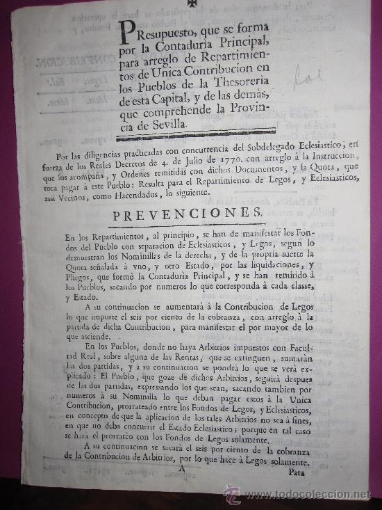 Documentos antiguos: SEVILLA, 1770: PRESUPUETO PARA LA CONTRIBUCI&Oacute;N DE LA THESORERIA.