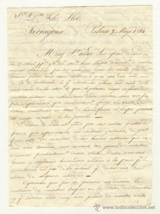 Documents Anciens: DOCUMENTO PALMA MALLORCA A TARRAGONA 1814 DESEANDO ENTRADA TROPAS A TARRAGONA TEMA COMERCIAL CACAO