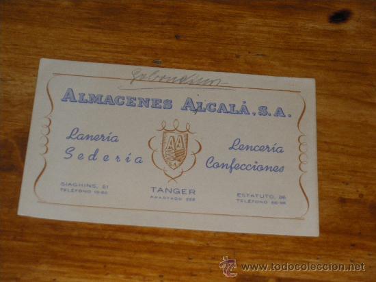 Documentos antiguos: TARJETA COMERCIAL ALMACENES ALCALA SA, LENCERIA SEDERIA CONFECCIONES. TANGER 1954.