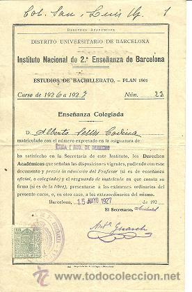 Old Documents: L15-13 Fiscal ESPECIAL MOVIL 15c. verde Corona Real en papeleta del a&ntilde;o 1927 del Instituto Nacional