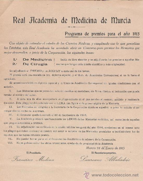 Documentos antiguos: A121D-DOCUMENTO PROGRAMA DE PREMIOS A&Ntilde;O 1915 REAL ACADEMIA MEDICINA DE MURCIA - Foto 1