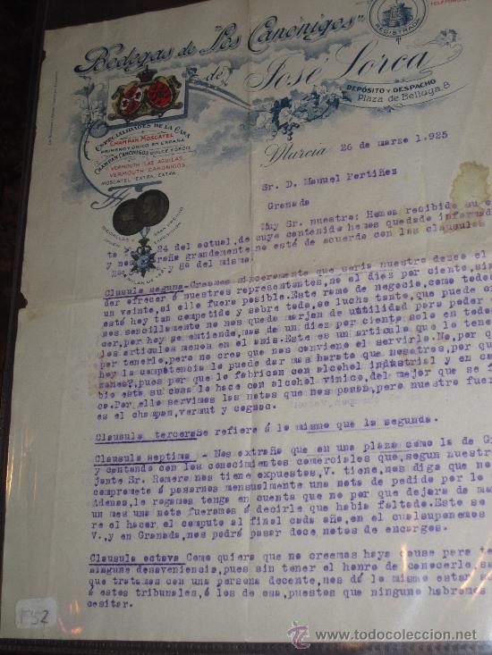 Documentos antiguos: BODEGA DE LOS CANONIGOS DE JOSE LORCA, 1925 CLAUSULAS A MAQUINA, MURCIA, ESCUDO A COLOR.