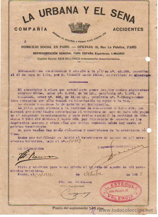 Old Documents: ALBERIQUE (VALENCIA) 1922. SUPLEMENTO POLIZA DE SEGUROS DE AUTOMOVILES COMPA&Ntilde;IA LA URBANA Y EL SENA