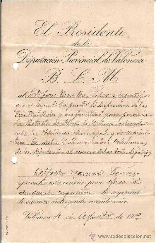 Documentos antigos: 1919 VALENCIA. INVITACION DEL PRESIDENTE DE LA DIPUTACION PROVINCIAL DE VALENCIA