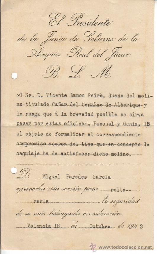 Documentos antigos: 1923 VALENCIA. REQUERIMIENTO DEL PRESIDENTE DE LA JUNTA DE GOBIERNO DE LA ACEQUIA REAL DEL JUCAR