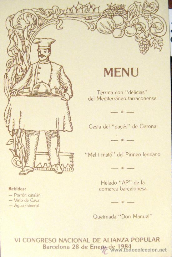 Documentos antiguos: MEN&Uacute;. VI CONGRESO DE ALIANZA POPULAR. BARCELONA. 1984
