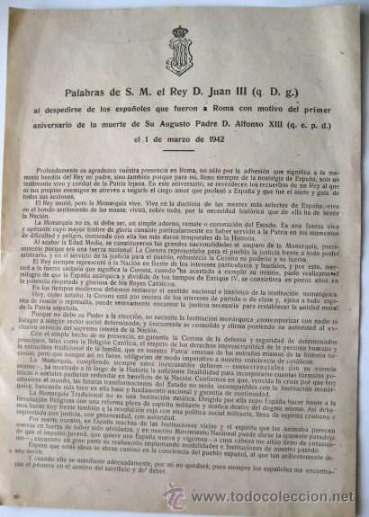 Documentos antiguos: DISCURSO DEL REY D. JUAN III. ROMA 1942.  ENVIO GRATIS&iexcl;&iexcl;&iexcl; - Foto 1