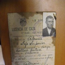 Documentos antiguos: LICENCIA DE CAZA PROVINCIA DE VALENCIA 1943