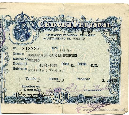 Documentos antiguos: CEDULA PERSONAL AYUNTAMIENTO DE MADRID 1930 - Foto 1