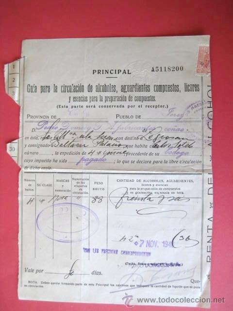 Documentos antiguos: GUIA CIRCULACION DE ALCOHOLES. 1946. POSGUERRA. PEDRO DOMECQ. JEREZ.. ENVIO GRATIS&iexcl;&iexcl;&iexcl;
