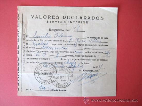 Documentos antiguos: VALORES DECLARADOS. CORREOS. A&Ntilde;O DE 1935. REPUBLICA ESPA&Ntilde;OLA. . ENVIO GRATIS&iexcl;&iexcl;&iexcl;