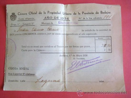Documentos antiguos: CAMARA OFICIAL DE LA PROPIEDAD URBANA. MAYO DE 1936. BADAJOZ... ENVIO GRATIS&iexcl;&iexcl;&iexcl;
